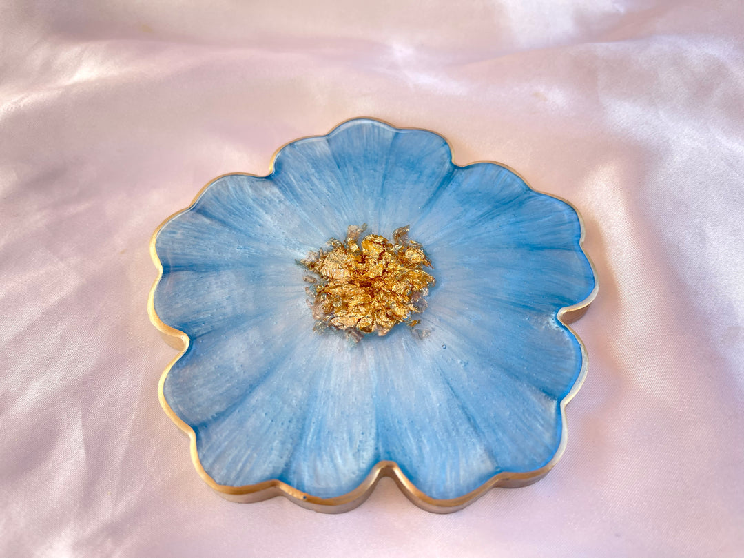 Handmade Baby Sky Blue and Gold Resin Flower Shaped Coasters Set - Jasmin Renee Art - Single Coaster Gold Rim Edges