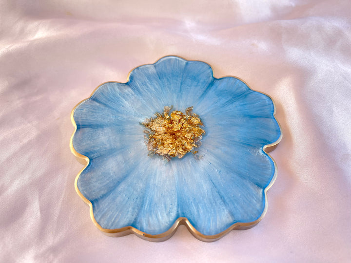 Handmade Baby Sky Blue and Gold Resin Flower Shaped Coasters Set - Jasmin Renee Art - Single Coaster Gold Rim Edges