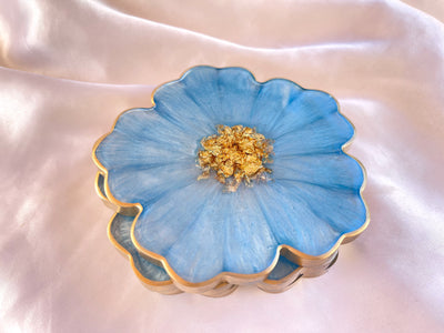 Handmade Baby Sky Blue and Gold Resin Flower Shaped Coasters Gold Rim Edges Set - Jasmin Renee Art 