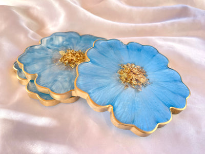 Handmade Baby Sky Blue and Gold Resin Flower Shaped Coasters Set - Jasmin Renee Art - Three Coasters Gold Rim Edges