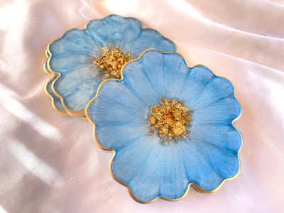Handmade Baby Sky Blue and Gold Resin Flower Shaped Coasters Gold Rim Edges Set - Jasmin Renee Art 