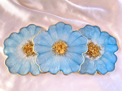 Handmade Baby Sky Blue and Gold Flower Shaped Coasters Set - Jasmin Renee Art - Three Coasters Gold Rim Edges