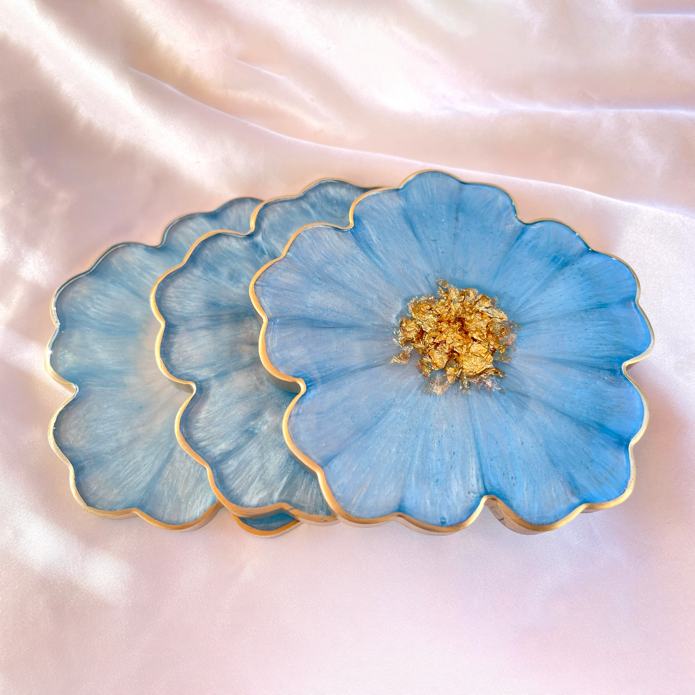 Handmade Baby Sky Blue and Gold Resin Flower Shaped Coasters Set - Jasmin Renee Art - Three Coasters Gold Rim Edges