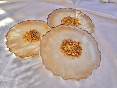 Handmade Beige Cream and Gold Irregular Shaped Large Geode Agate Resin Coasters with Gold Accented Rim Edges - Jasmin Renee Art - Three Coasters Stacked