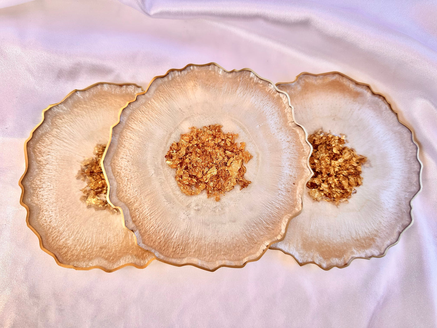 Handmade Beige Cream and Gold Irregular Shaped Large Geode Agate Resin Coasters with Gold Accented Rim Edges - Jasmin Renee Art - Three Coasters