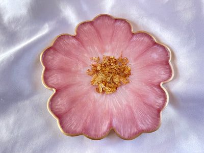 Handmade Cherry Blossom Baby Pastel Pink and Gold Resin Flower Shaped Coasters Set - Jasmin Renee Art - Single Coaster Gold Rim Edges