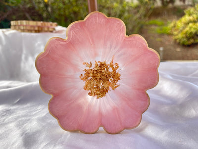 Handmade Cherry Blossom Baby Pastel Pink and Gold Resin Flower Shaped Coasters Set - Jasmin Renee Art - Single Coaster Standing Up Gold Rim Edges