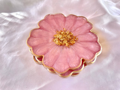 Handmade Cherry Blossom Baby Pastel Pink and Gold Resin Flower Shaped Coasters Set - Jasmin Renee Art - Three Coasters Gold Rim Edges Stacked