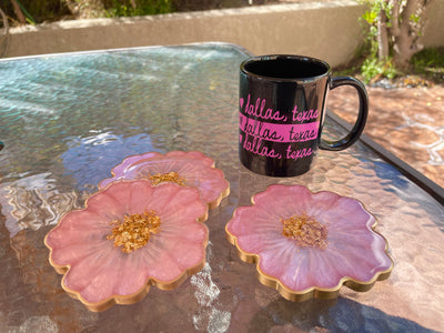 Handmade Cherry Blossom Baby Pastel Pink and Gold Resin Flower Shaped Coasters Set - Jasmin Renee Art - Three Coasters with Cup on Table Outside Gold Rim Edges