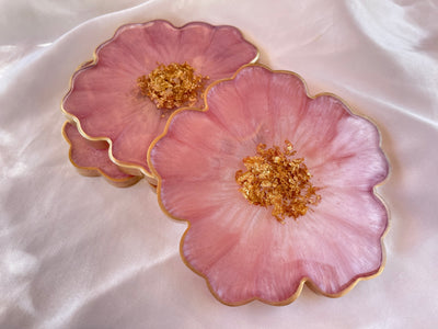 Handmade Cherry Blossom Baby Pastel Pink and Gold Resin Flower Shaped Coasters Set - Jasmin Renee Art - Three Coasters Gold Rim Edges