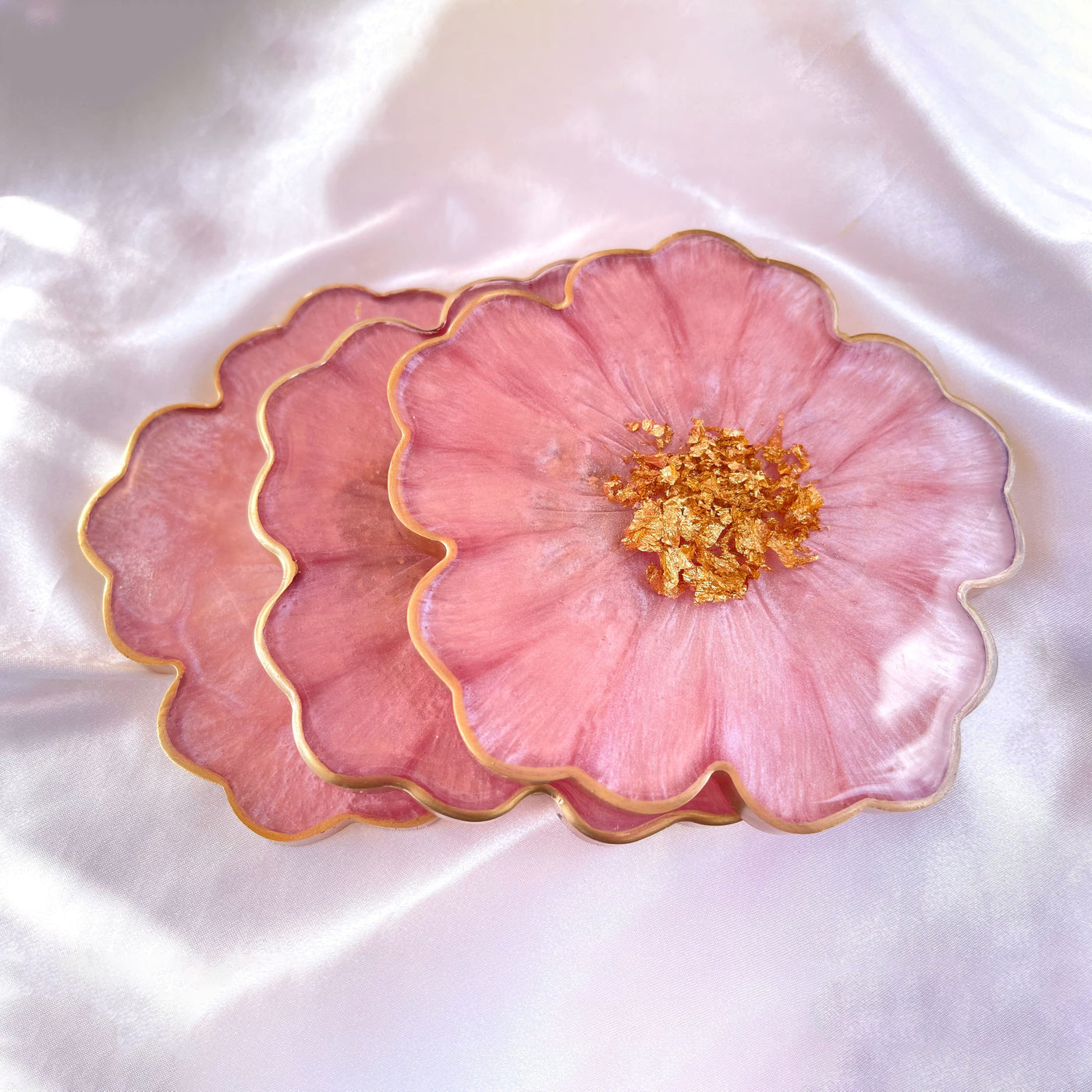 Handmade Cherry Blossom Baby Pastel Pink and Gold Resin Flower Shaped Coasters Set - Jasmin Renee Art - Three Coasters Gold Rim Edges