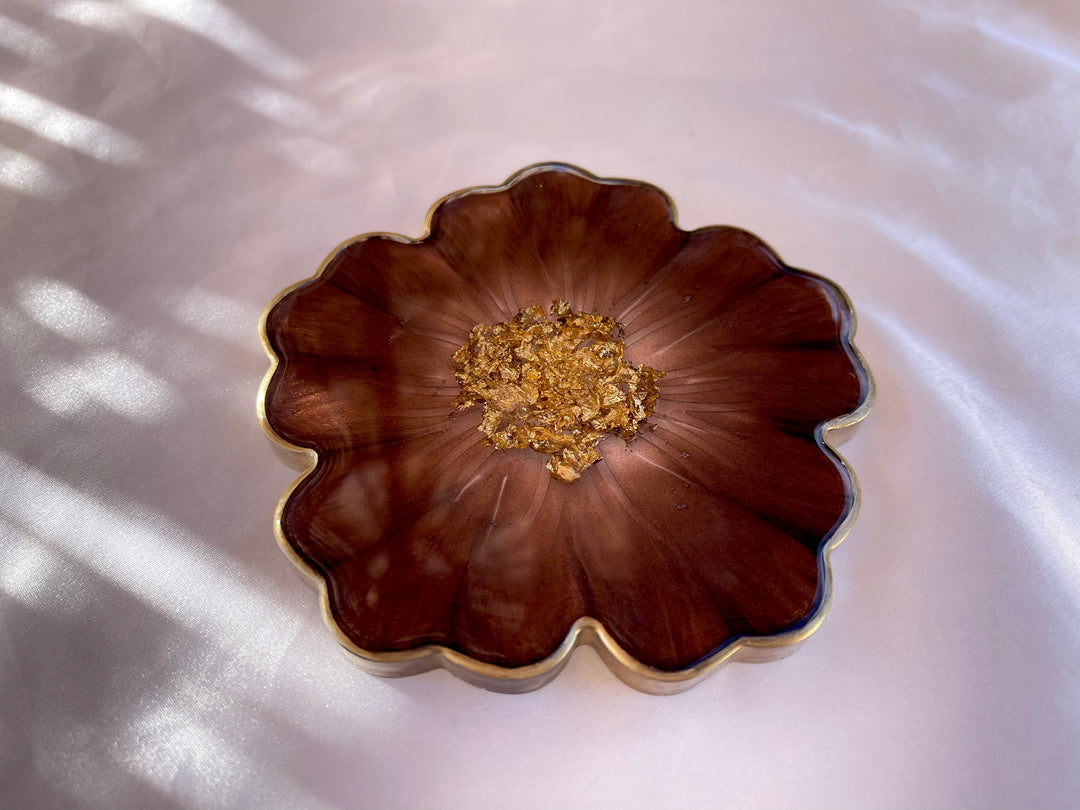 Handmade Chocolate Brown Mocha and Gold Resin Flower Shaped Coasters Set - Jasmin Renee Art - Single Coaster Gold Rim Edges