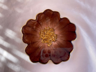 Handmade Chocolate Brown Mocha and Gold Resin Flower Shaped Coasters Set - Jasmin Renee Art - Single Coaster Gold Rim Edges
