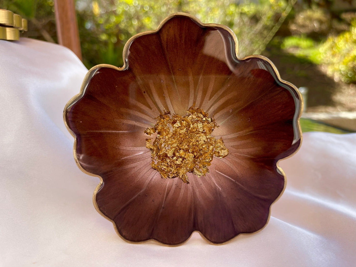 Handmade Chocolate Brown Mocha and Gold Resin Flower Shaped Coasters Set - Jasmin Renee Art - Single Coaster Standing Up Gold Rim Edges