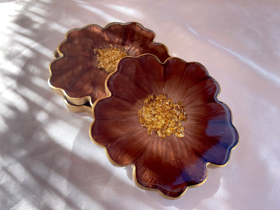 Handmade Chocolate Brown Mocha and Gold Resin Flower Shaped Coasters Set - Jasmin Renee Art - Three Coasters Gold Rim Edges