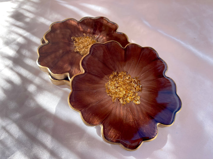 Handmade Chocolate Brown Mocha and Gold Resin Flower Shaped Coasters Set - Jasmin Renee Art - Three Coasters Gold Rim Edges