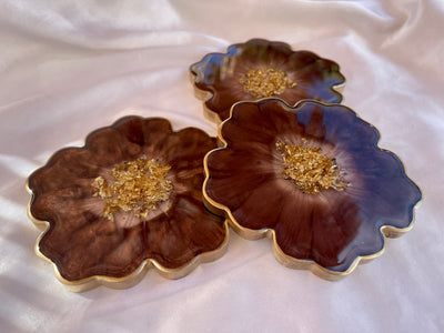 Handmade Chocolate Brown Mocha and Gold Resin Flower Shaped Coasters Set - Jasmin Renee Art - Three Coasters Gold Rim Edges