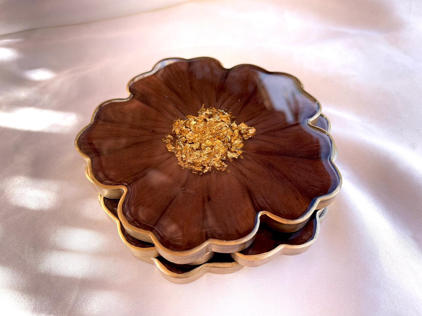 Handmade Chocolate Brown Mocha and Gold Resin Flower Shaped Coasters Set - Jasmin Renee Art - Three Coasters Stacked Gold Rim Edges