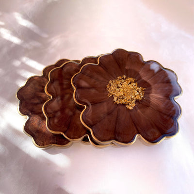 Handmade Chocolate Brown Mocha and Gold Flower Resin Shaped Coasters Set - Jasmin Renee Art - Three Coasters Gold Rim Edges