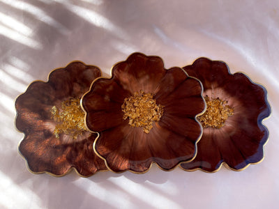 Handmade Chocolate Brown Mocha and Gold ResinFlower Shaped Coasters Set - Jasmin Renee Art - Three Coasters Gold Rim Edges