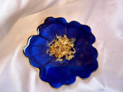 Handmade Deep Ocean Blue and Gold Resin Flower Shaped Coasters Set - Jasmin Renee Art - Single Coaster Gold Rim Edges