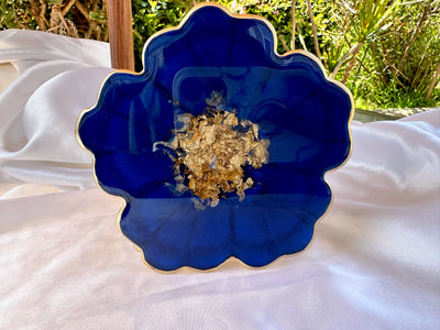 Handmade Deep Ocean Blue and Gold Resin Flower Shaped Coasters Set - Jasmin Renee Art - Single Coasters Standing Up Gold Rim Edges