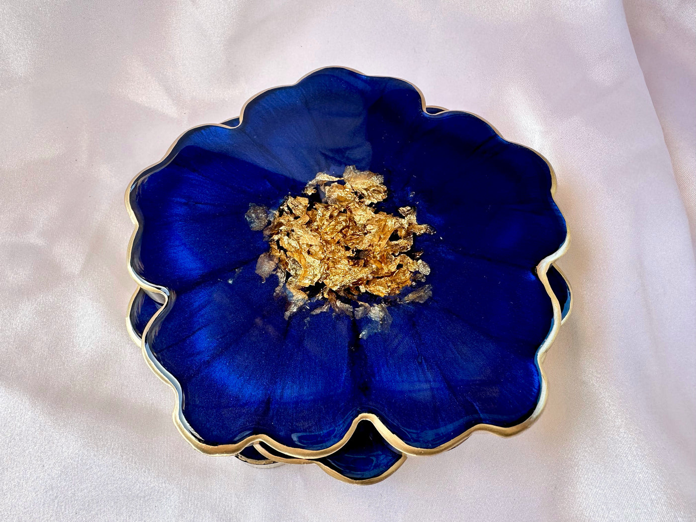 Handmade Deep Ocean Blue and Gold Resin Flower Shaped Coasters Set - Jasmin Renee Art - Three Coasters Stacked Gold Rim Edges