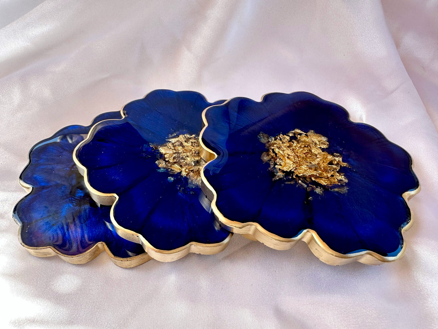 Handmade Deep Ocean Blue and Gold Resin Flower Shaped Coasters Set - Jasmin Renee Art - Three Coasters Gold Rim Edges