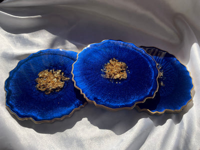 Handmade Deep Ocean Blue and Gold Resin Geode Agate Shaped Resin Coasters Set - Jasmin Renee Art - Three Coasters Gold Rim Edges