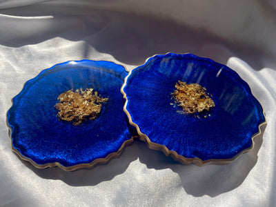 Handmade Deep Ocean Blue and Gold Resin Geode Agate Shaped Resin Coasters Set - Jasmin Renee Art - Two Coasters Gold Rim Edges