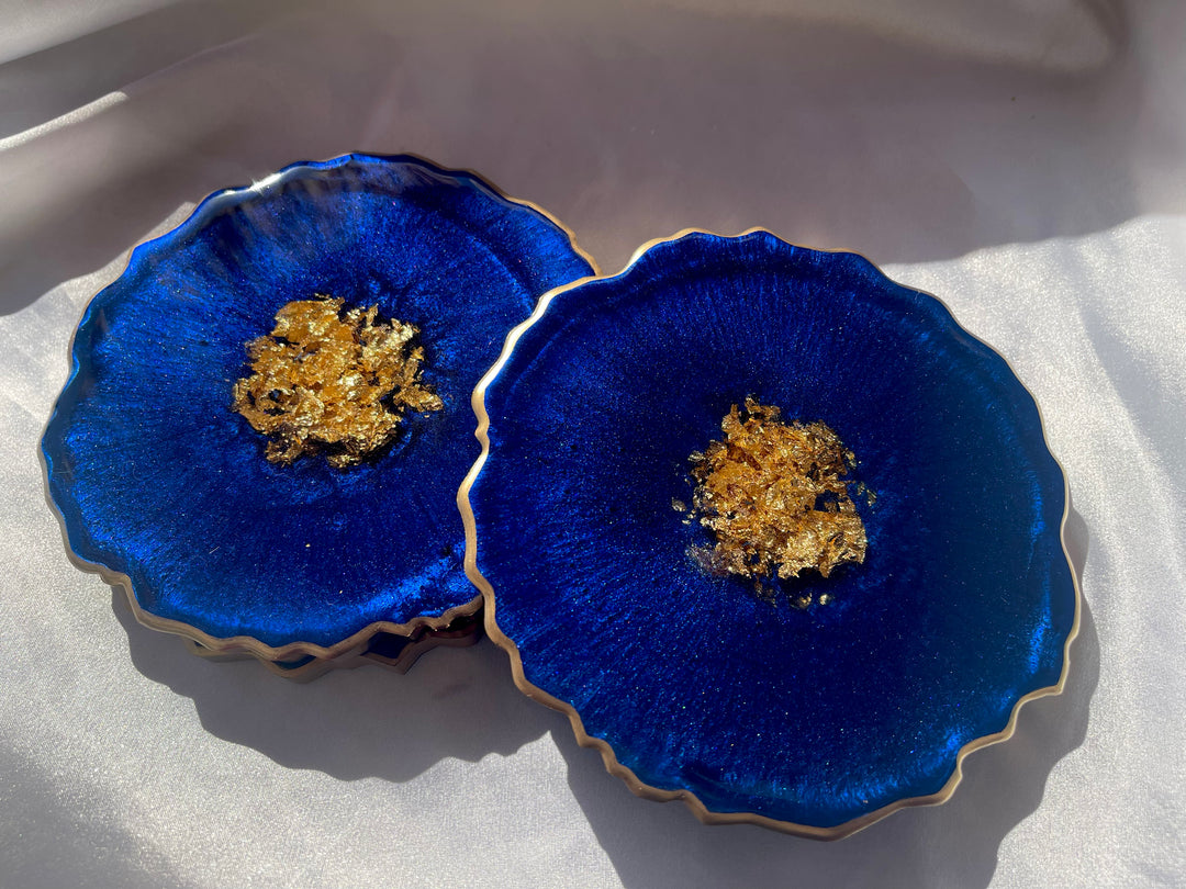 Handmade Deep Ocean Blue and Gold Resin Geode Agate Shaped Resin Coasters Set - Jasmin Renee Art - Two Coasters Gold Rim Edges