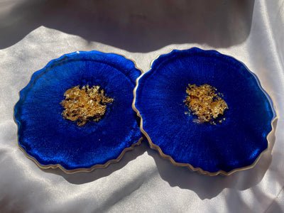Handmade Deep Ocean Blue and Gold Resin Geode Agate Shaped Resin Coasters Set - Jasmin Renee Art - Two Coasters Gold Rim Edges