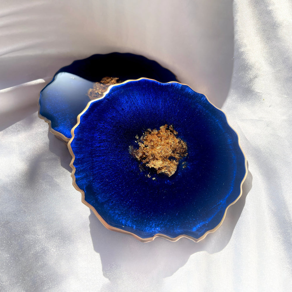 Handmade Deep Ocean Blue and Gold Resin Geode Agate Shaped Resin Coasters Set - Jasmin Renee Art - Two Coasters Gold Rim Edges