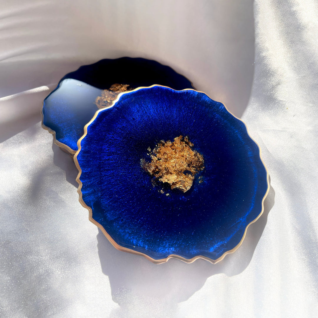 Handmade Deep Ocean Blue and Gold Resin Geode Agate Shaped Resin Coasters Set - Jasmin Renee Art - Two Coasters Gold Rim Edges