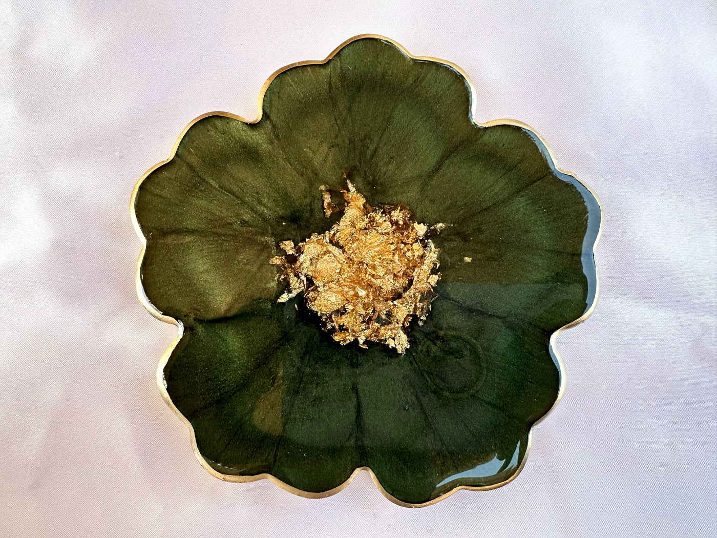 Handmade Forest Olive Green and Gold Resin Flower Shaped Coasters Set - Jasmin Renee Art - Single Coaster Gold Rim Edges