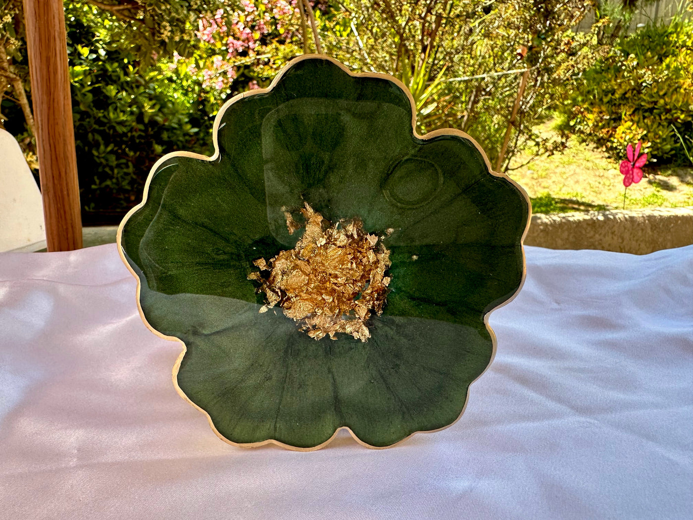 Handmade Forest Olive Green and Gold Resin Flower Shaped Coasters Set - Jasmin Renee Art - Single Coaster Standing Up  Gold Rim Edges