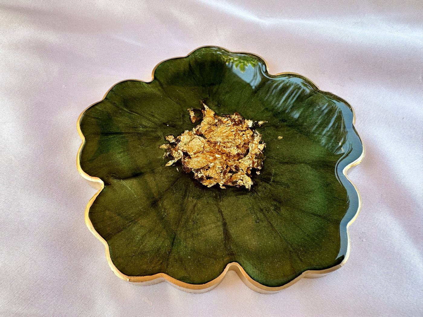 Handmade Forest Olive Green and Gold Resin Flower Shaped Coasters Set - Jasmin Renee Art - Single Coaster Gold Rim Edges