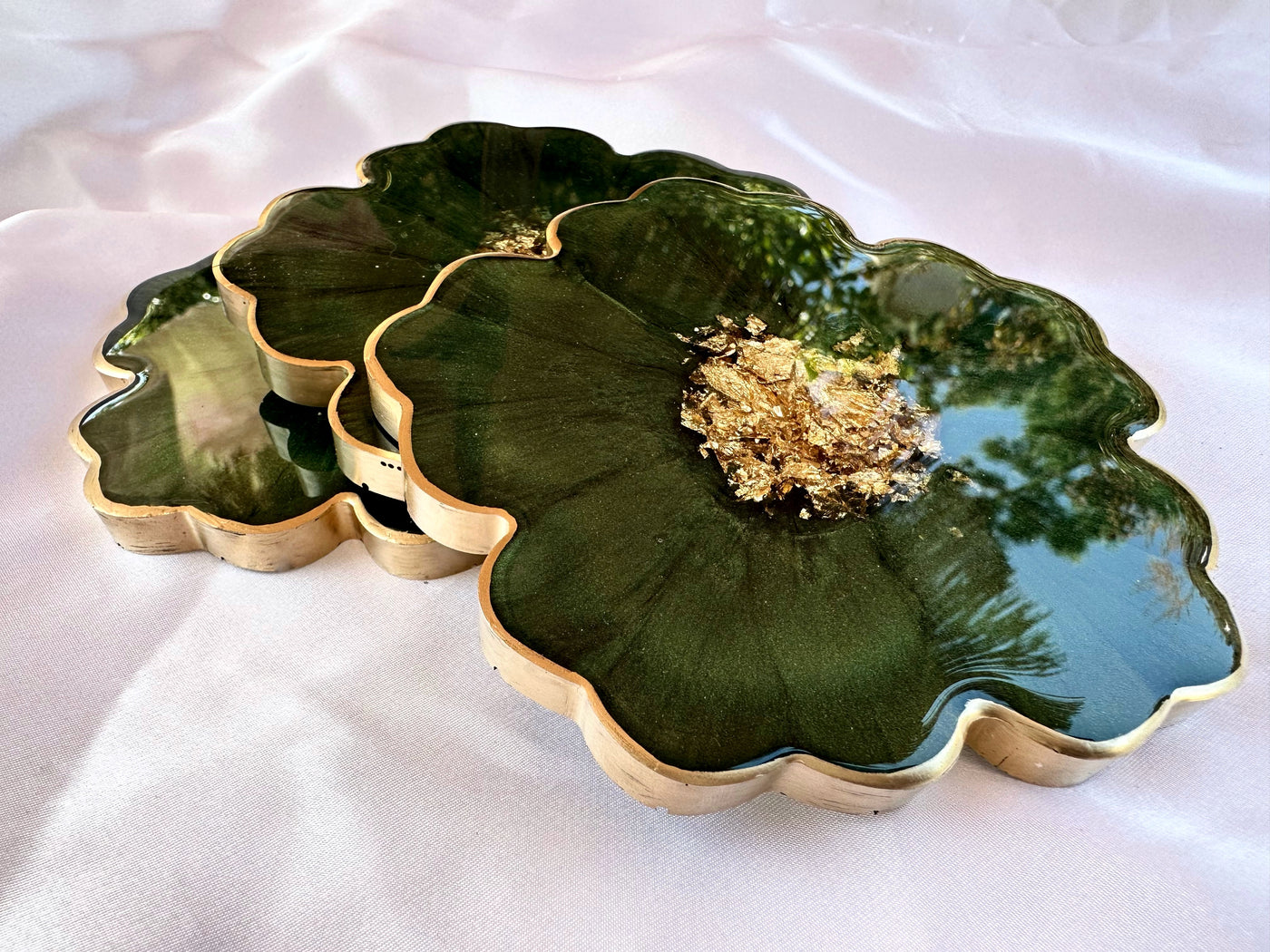 Handmade Forest Olive Green and Gold Resin Flower Shaped Coasters Set - Jasmin Renee Art - Three Coasters Stacked Angle Gold Rim Edges 