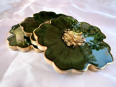 Handmade Forest Olive Green and Gold Resin Flower Shaped Coasters Set - Jasmin Renee Art - Three Coasters Stacked Angle Gold Rim Edges 