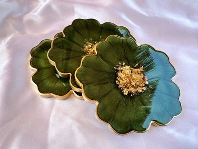 Handmade Forest Olive Green and Gold Resin Flower Shaped Coasters Set - Jasmin Renee Art - Three Coasters Gold Rim Edges