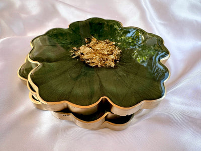 Handmade Forest Olive Green and Gold Resin Flower Shaped Coasters Set - Jasmin Renee Art - Three Coasters Gold Rim Edges 