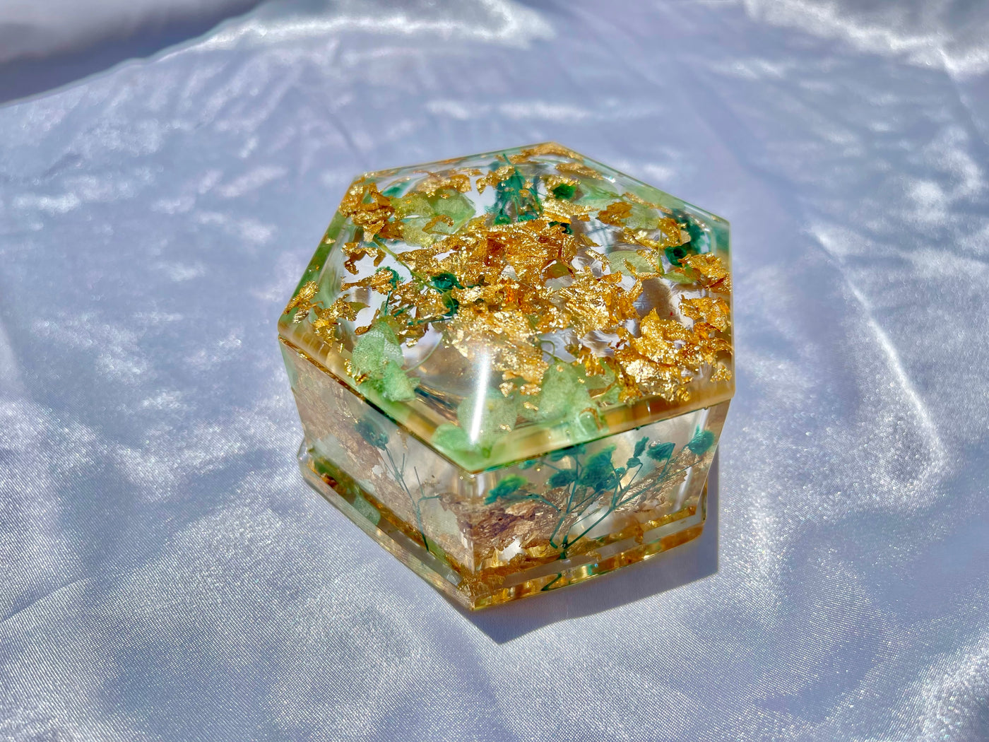 Handmade Gold Baby Emerald Green Resin Hexagon Trinket Box - Jasmin Renee Art