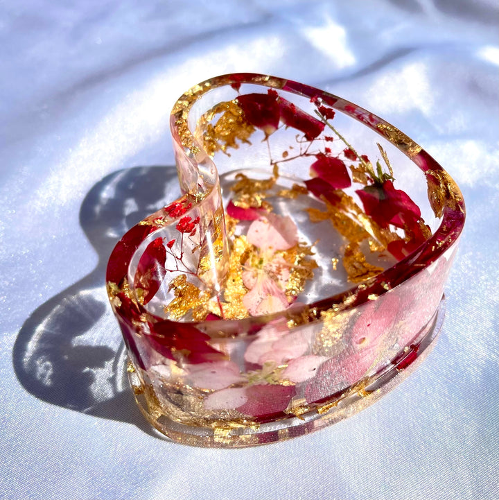 Handmade Gold Rose Petals Baby Pink Floral Resin Heart Trinket Box - Jasmin Renee Art 
