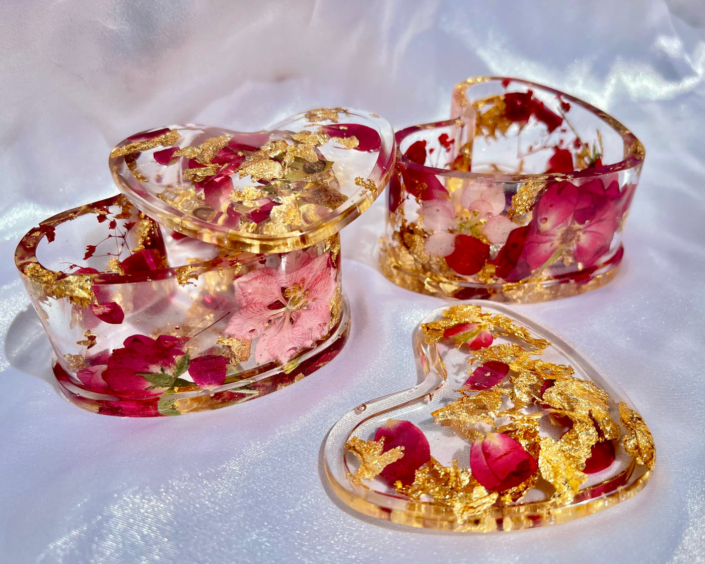 Handmade Gold Rose Petals Baby Pink Floral Resin Heart Trinket Box - Jasmin Renee Art 