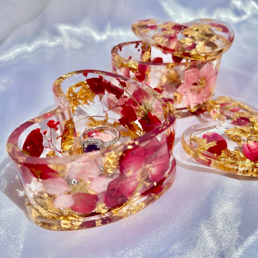 Handmade Gold Rose Petals Baby Pink Floral Resin Heart Trinket Box - Jasmin Renee Art 
