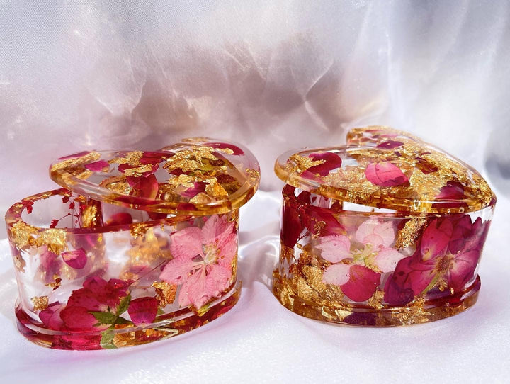 Handmade Gold Rose Petals Baby Pink Floral Resin Heart Trinket Box - Jasmin Renee Art 