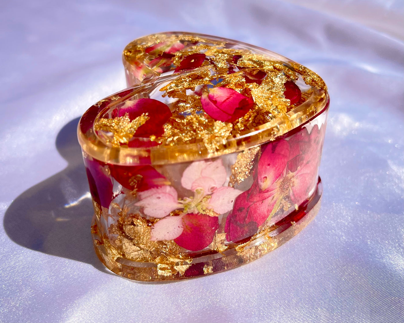 Handmade Gold Rose Petals Baby Pink Floral Resin Heart Trinket Box - Jasmin Renee Art 