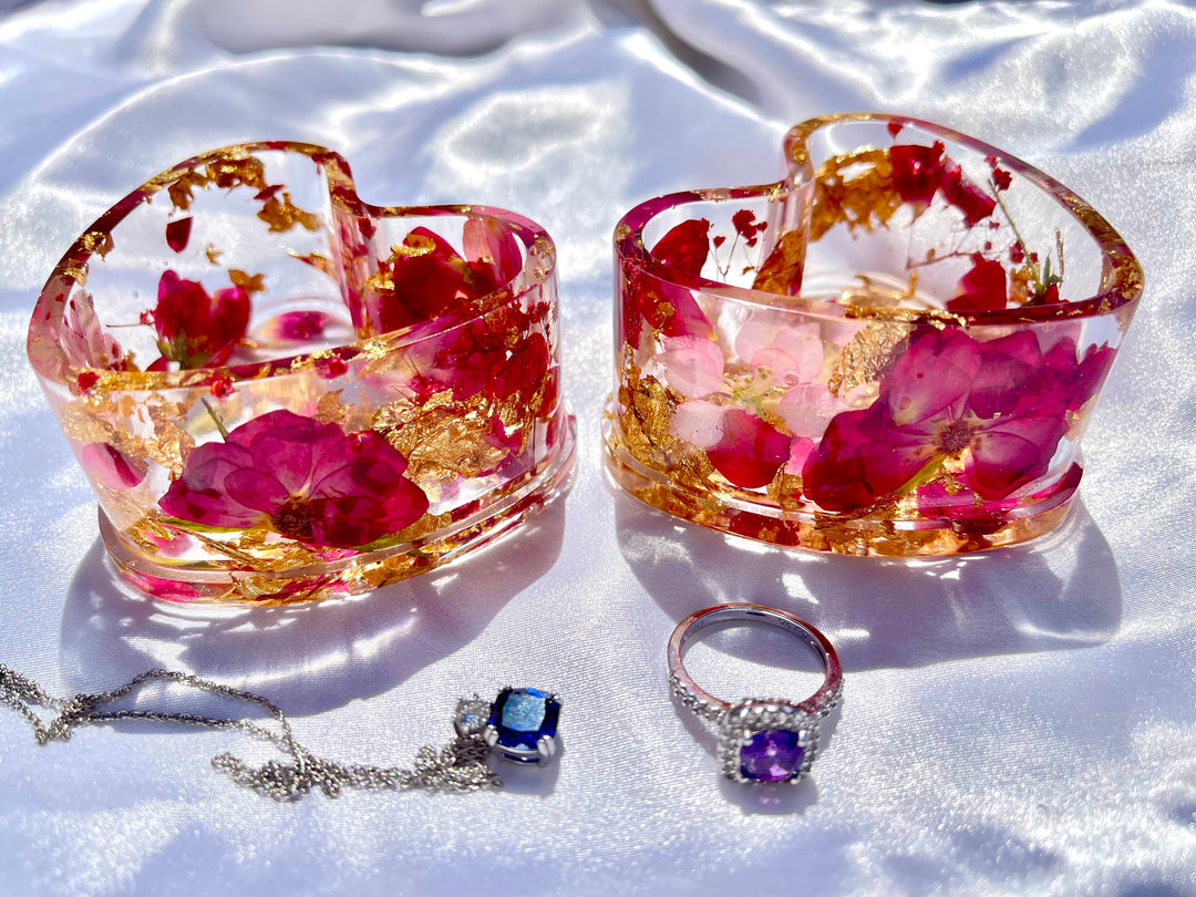 Handmade Gold Rose Petals Baby Pink Floral Resin Heart Trinket Box - Jasmin Renee Art 