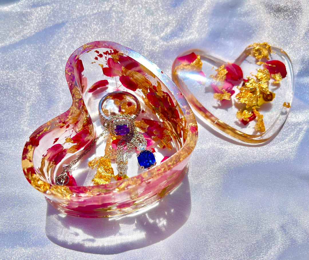 Handmade Gold Rose Petals Baby Pink Floral Resin Heart Trinket Box - Jasmin Renee Art 