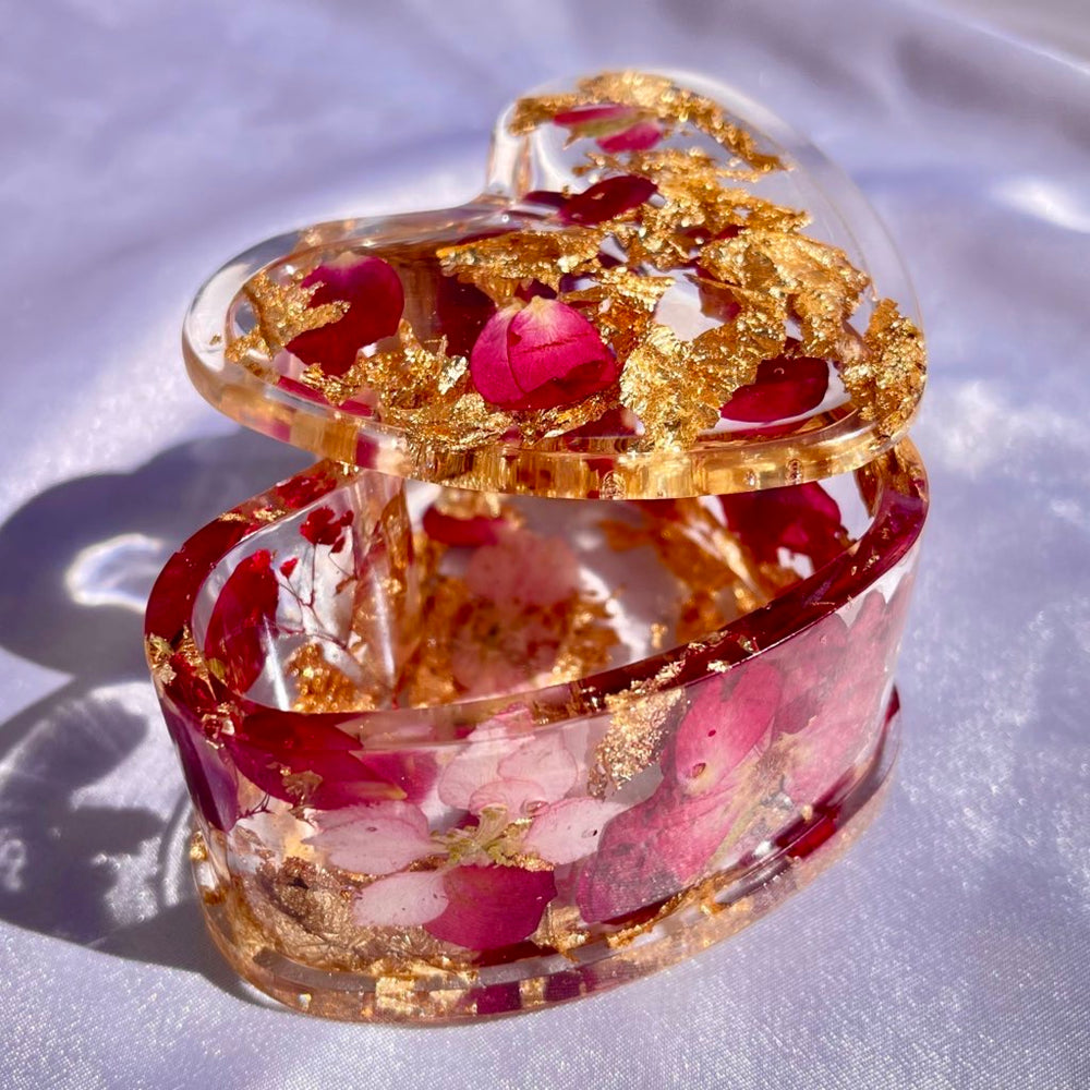 Handmade Gold Rose Petals Baby Pink Floral Resin Heart Trinket Box - Jasmin Renee Art 